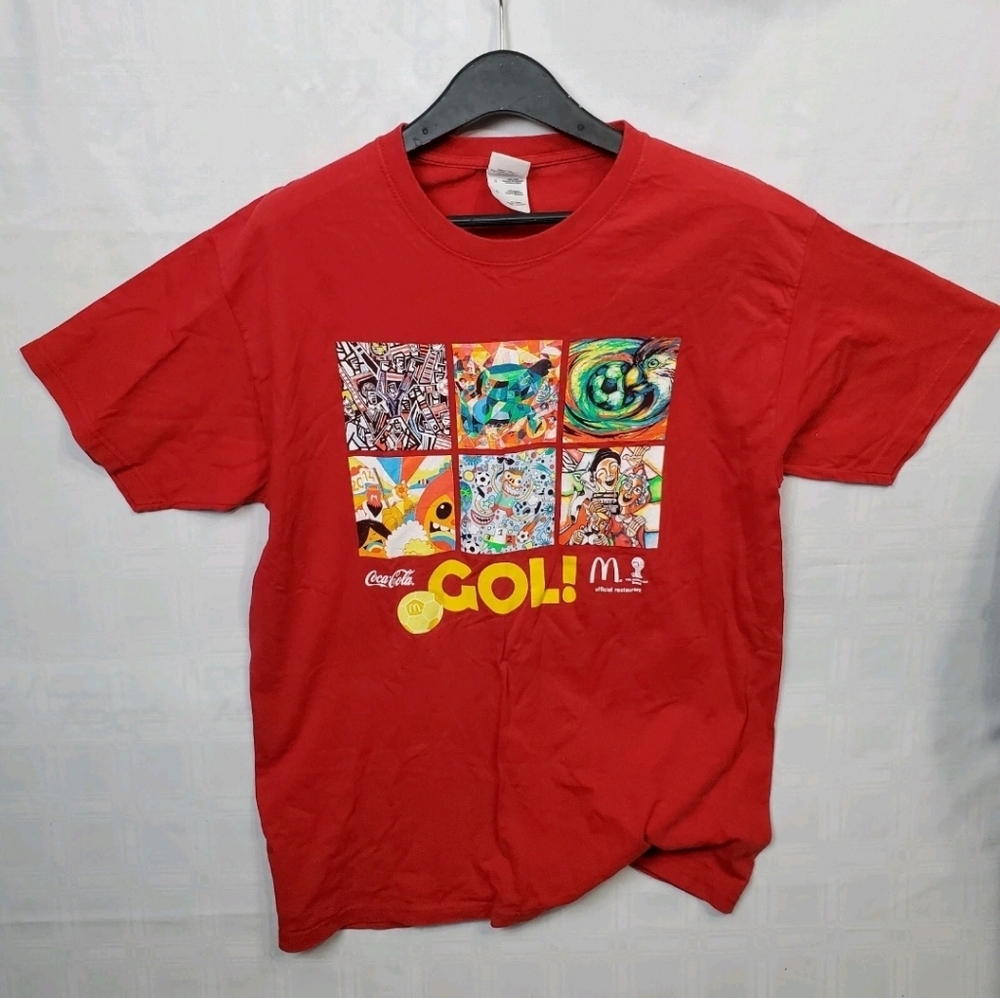 McDonalds World Cup Soccer T-Shirt Size L Coca Cola Futbol Gol Goal FIFA Brasil